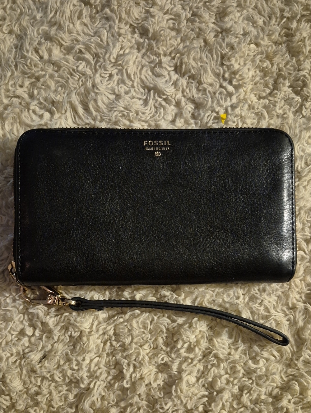 FOSSIL Sydney Zip Around Leather Wallet Gold Embossed Wristlet RFID Phone Clutcn